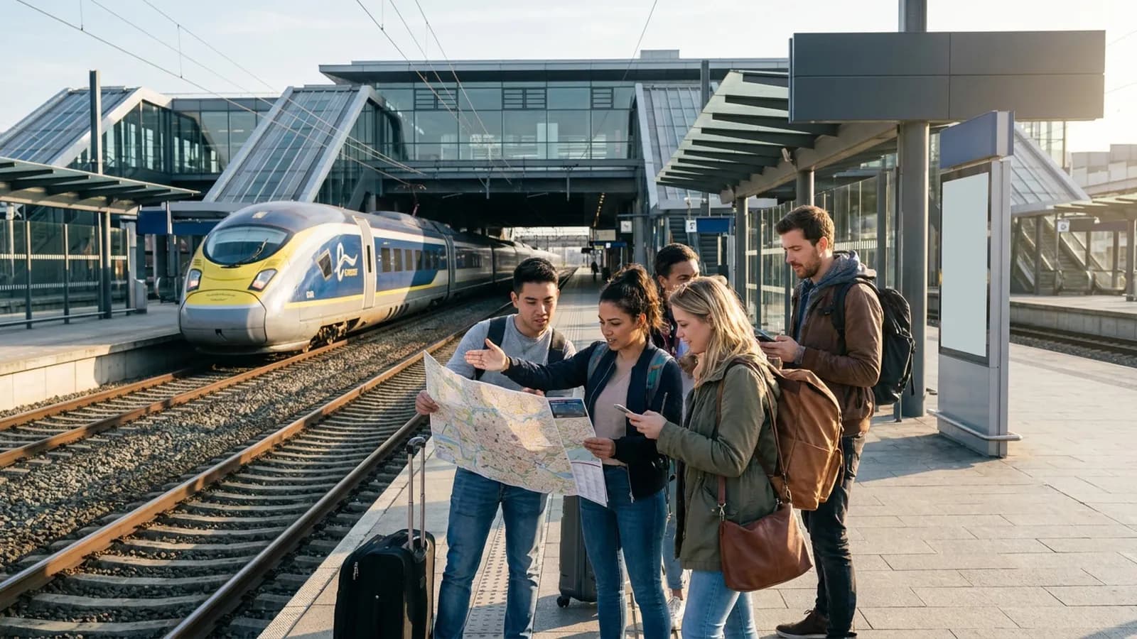 Photorealistic group decision scene showing when to use Karpo and when to use Eurostar.