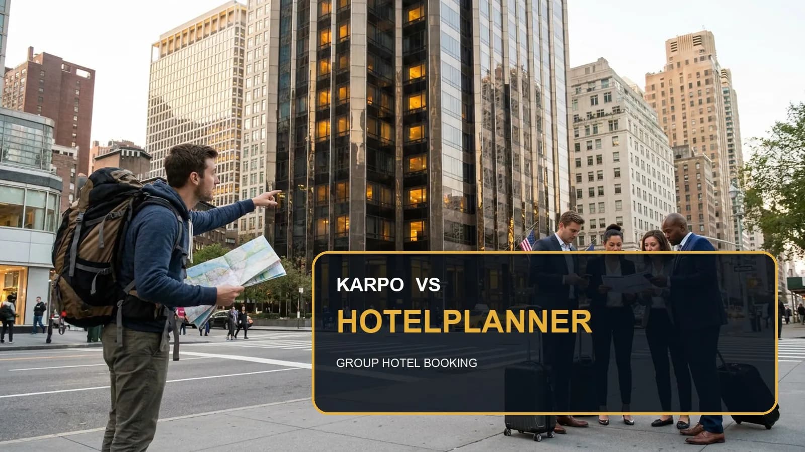 Karpo versus HotelPlanner in a photorealistic editorial comparison.