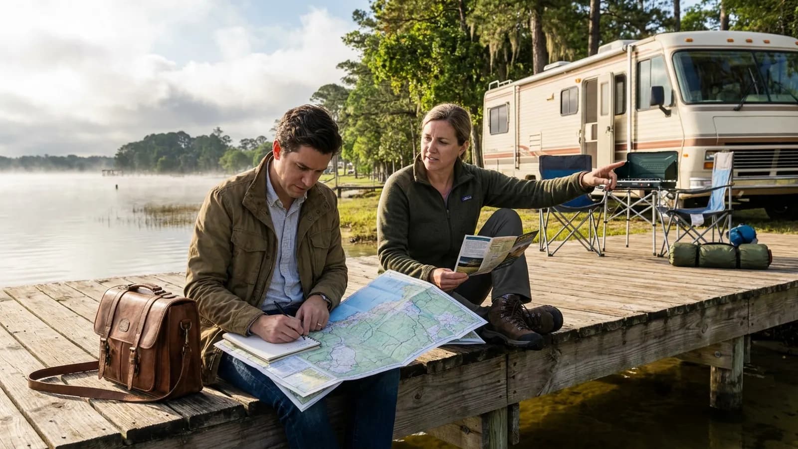 Photorealistic scene showing Karpo coordinating the wider day around Outdoorsy.