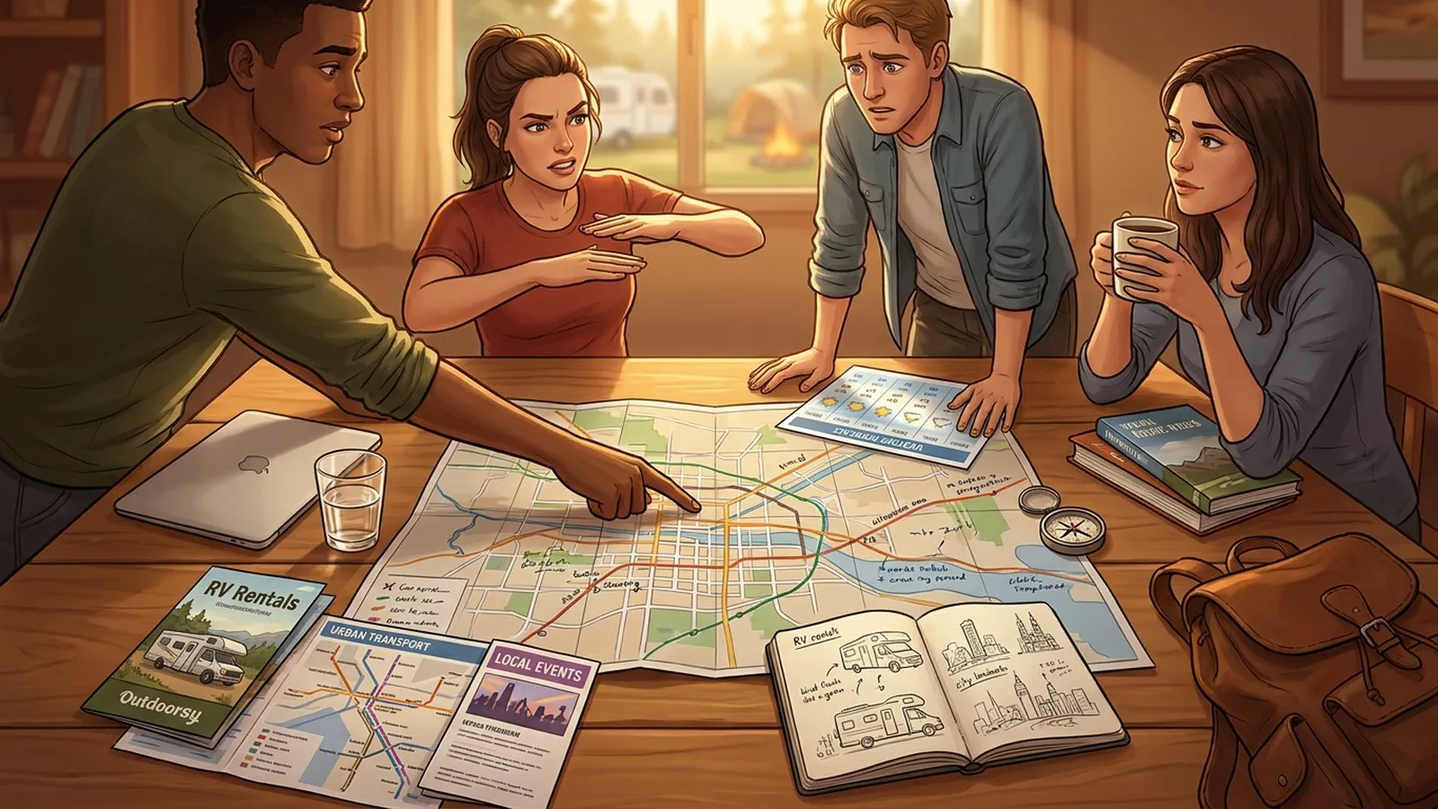 Photorealistic group decision scene showing when to use Karpo and when to use Outdoorsy.