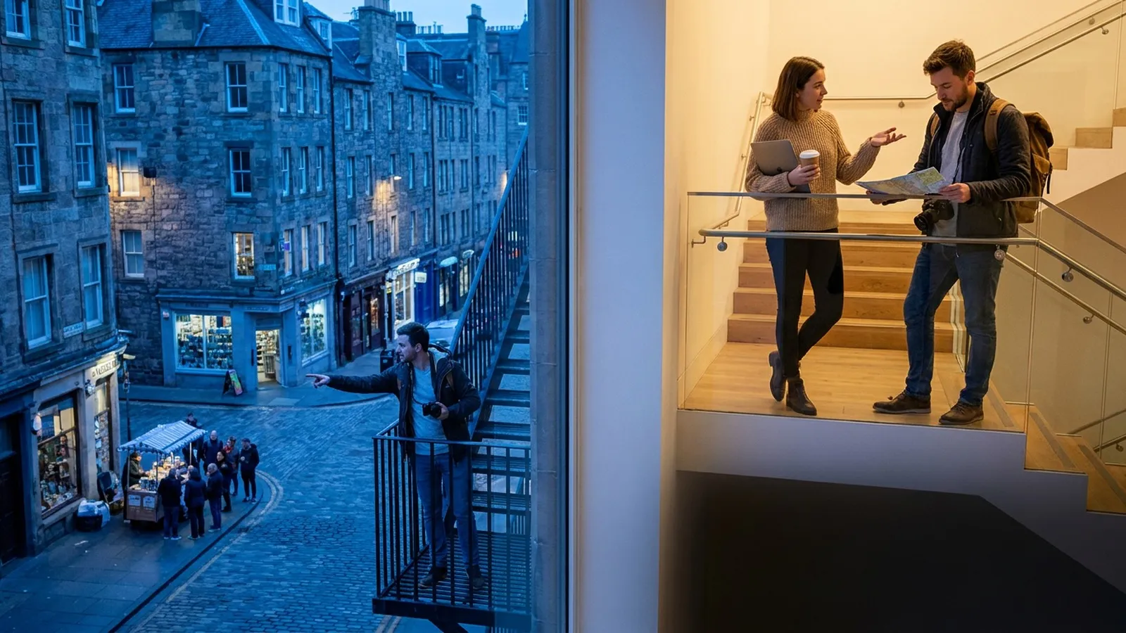 Photorealistic scene showing Karpo coordinating the wider day around Outsite.
