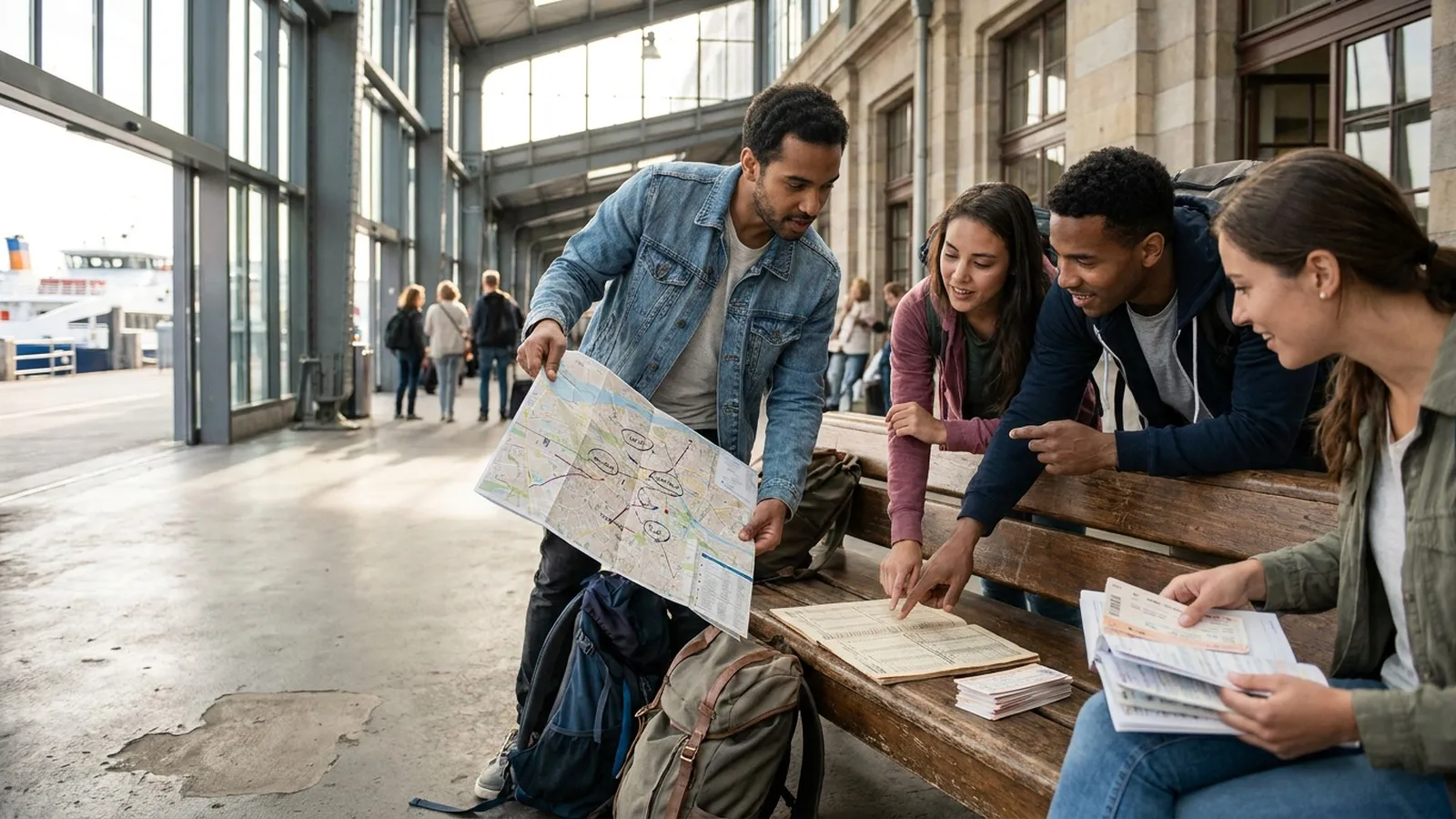 Photorealistic group decision scene showing when to use Karpo and when to use Renfe.