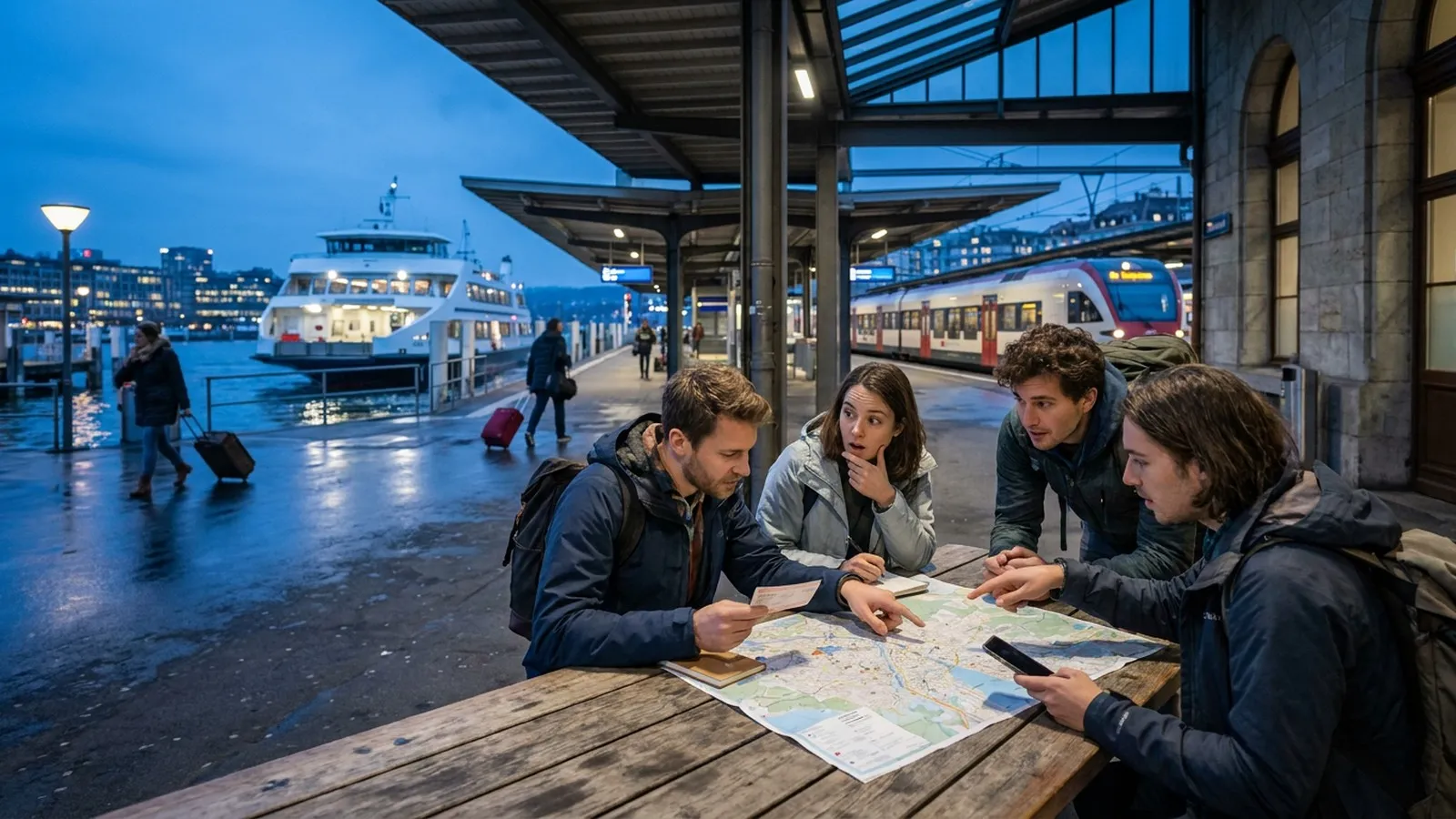 Photorealistic group decision scene showing when to use Karpo and when to use SBB Mobile.