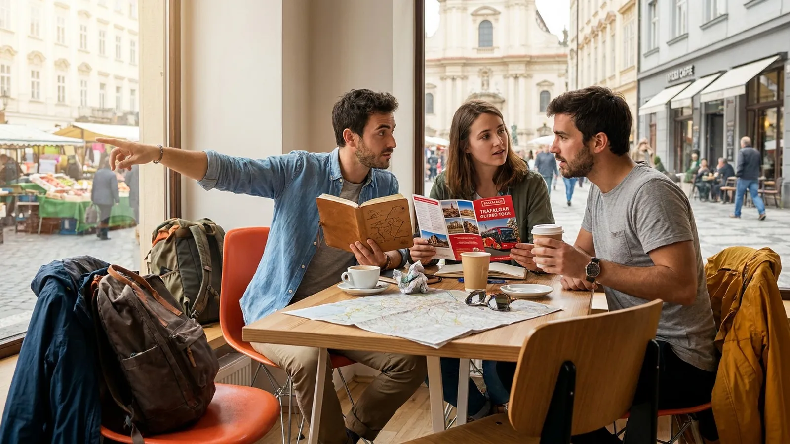Photorealistic group decision scene showing when to use Karpo and when to use Trafalgar.
