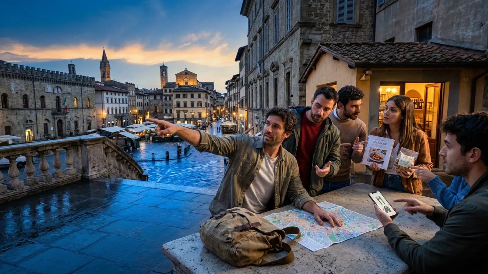 Photorealistic group decision scene showing when to use Karpo and when to use Traveling Spoon.