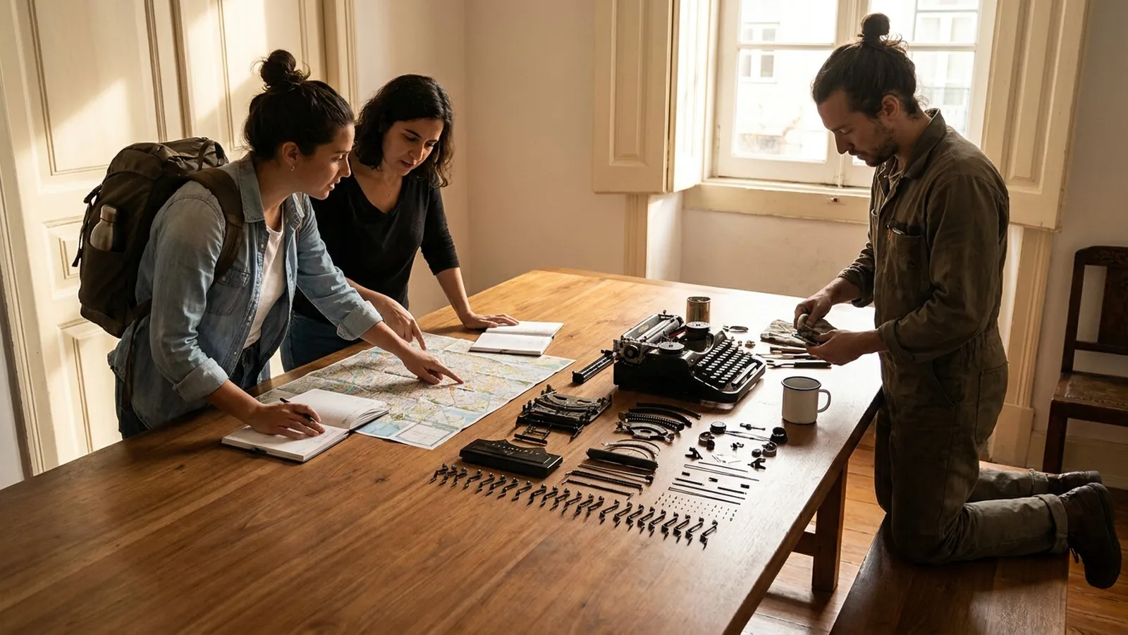 Photorealistic scene showing Karpo coordinating the wider day around Workaway.
