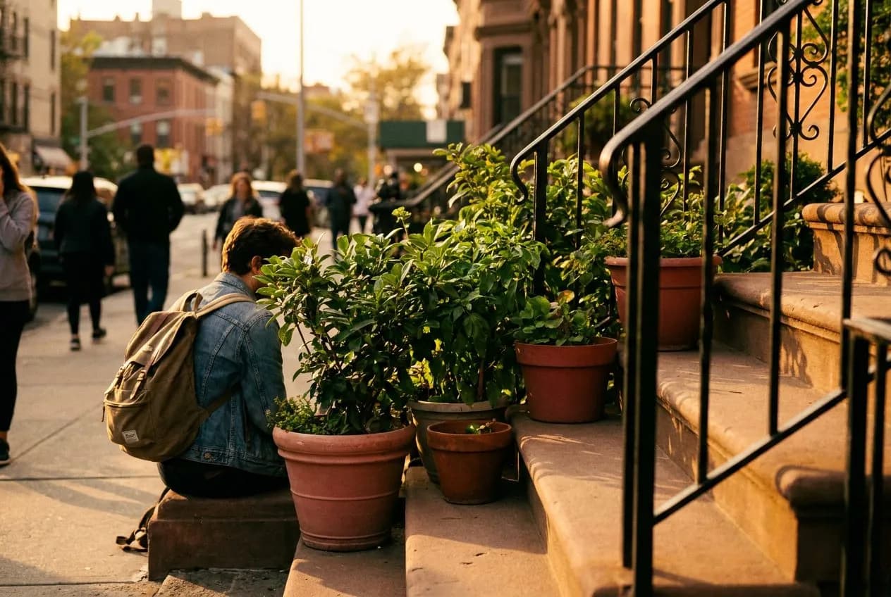 Brooklyn brownstone stoop at golden hour — a New Yorker on sandstone steps among terracotta planters
