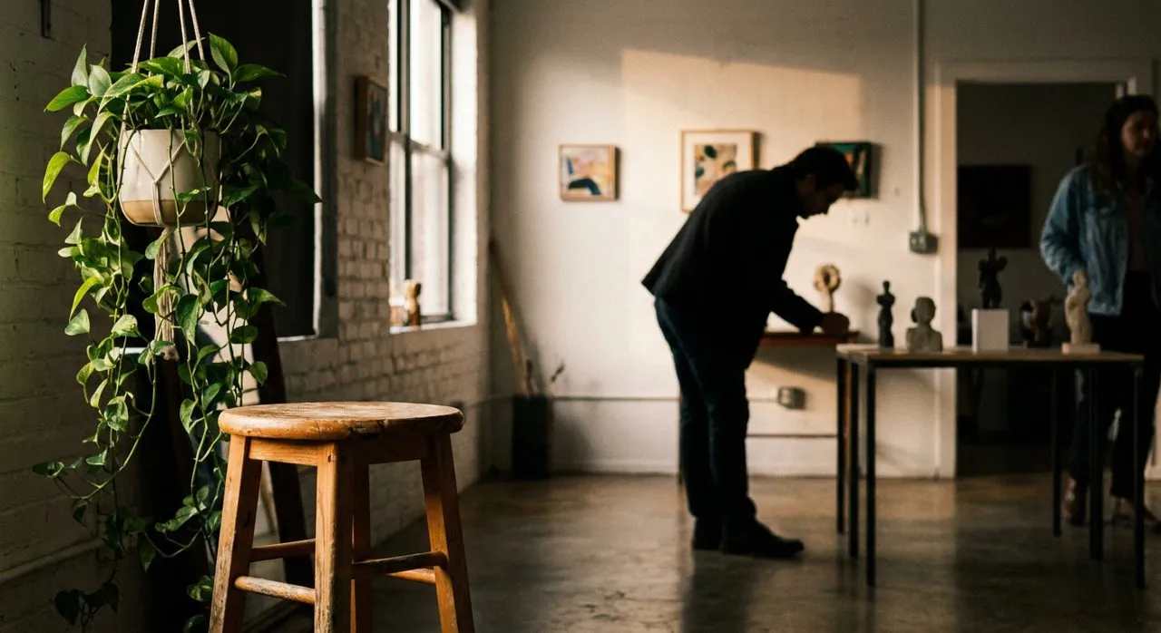 Small artist loft / micro-gallery interior — white brick, concrete floor and hanging plants in soft light
