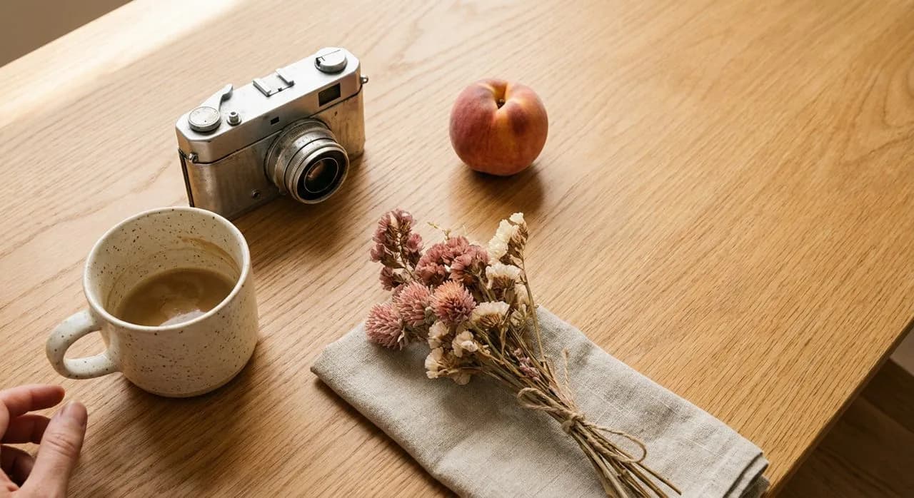 Top-down oak table — a ceramic mug, vintage film camera, dried flowers and a peach in soft daylight