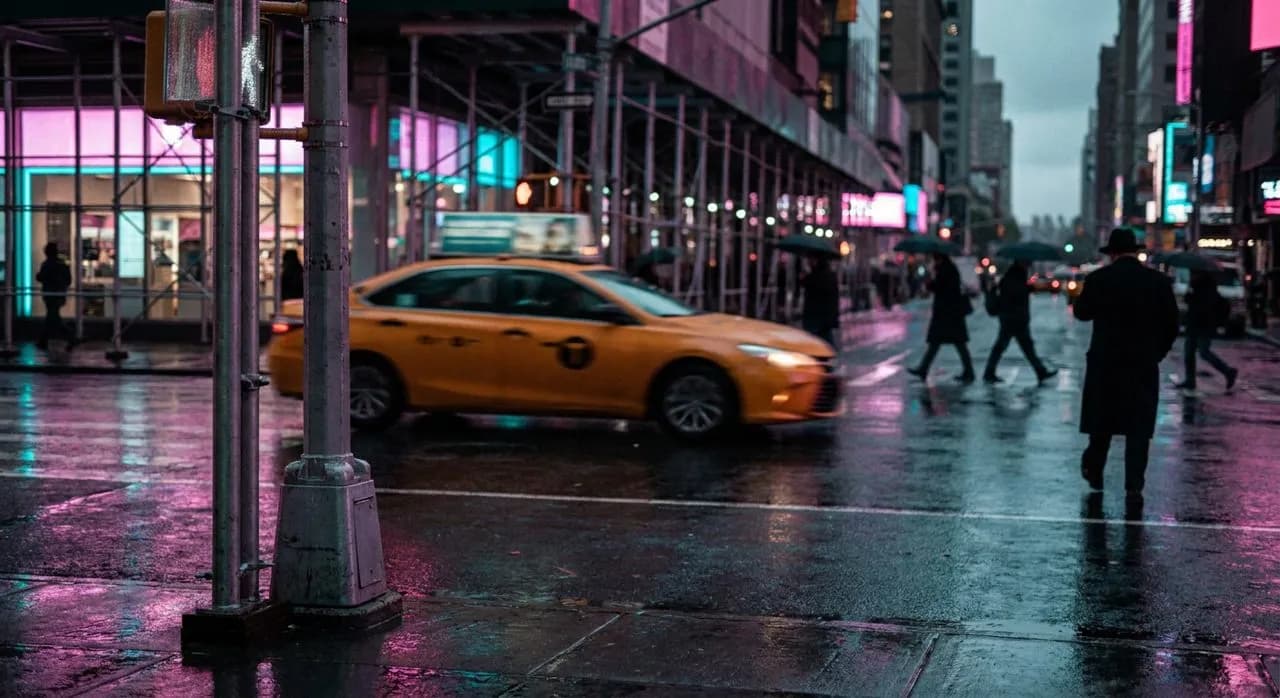 Midtown avenue at evening — soft magenta and teal neon glow reflecting on a wet street with a motion-blurred cab