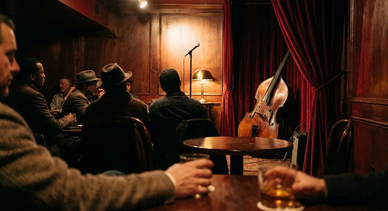 Intimate basement jazz club interior — a small stage under a warm spotlight, audience silhouettes and a double bass