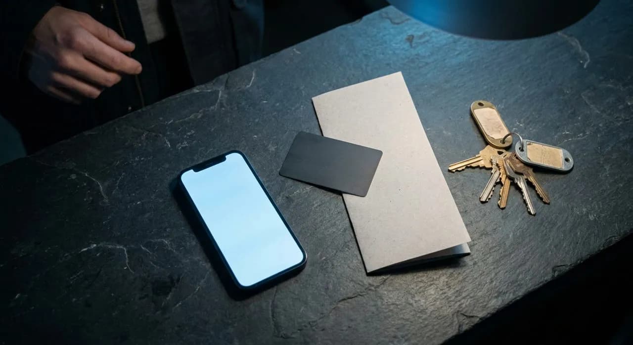 Top-down dark slate counter — a blank-screen phone, plain transit card, folded program and keys under one overhead light