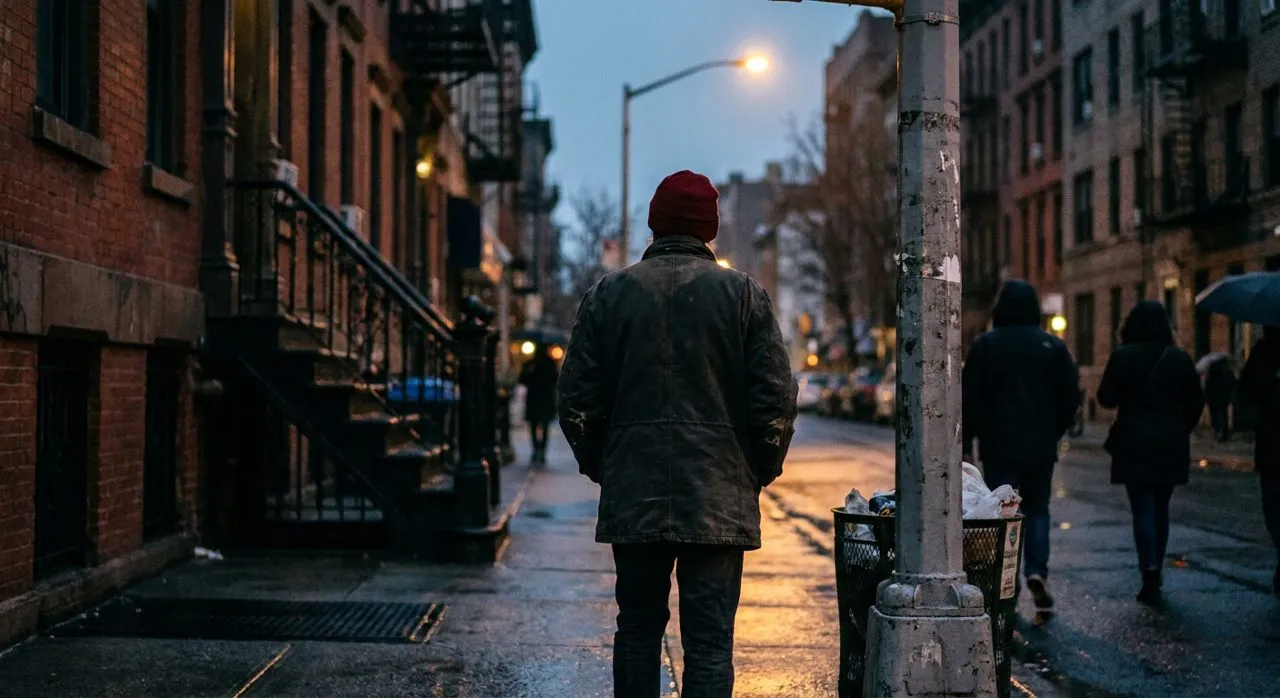East Village street corner at dusk — a New Yorker pausing on the sidewalk, red brick and warm streetlight