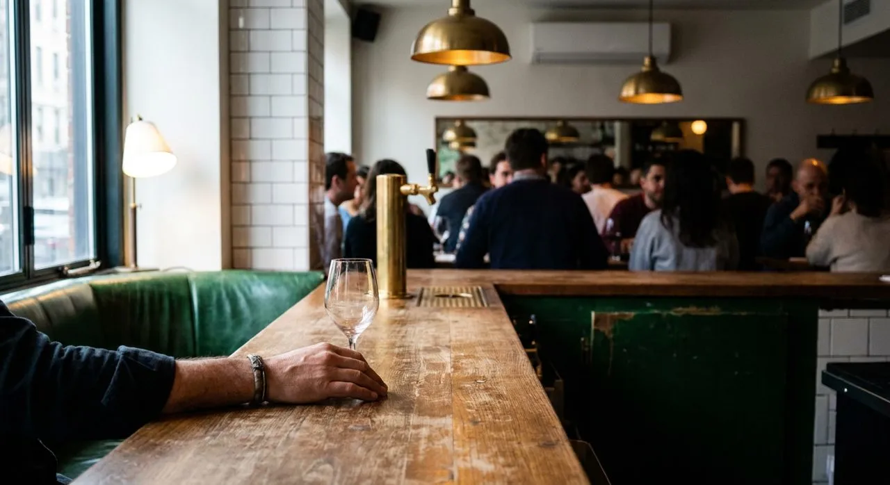 Cozy natural-wine bar interior — a wine glass on a scuffed oak counter, warm tungsten and window light