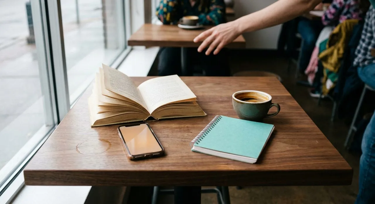 Top-down cafe table — an open paperback, blank-screen phone, espresso and notebook on warm walnut
