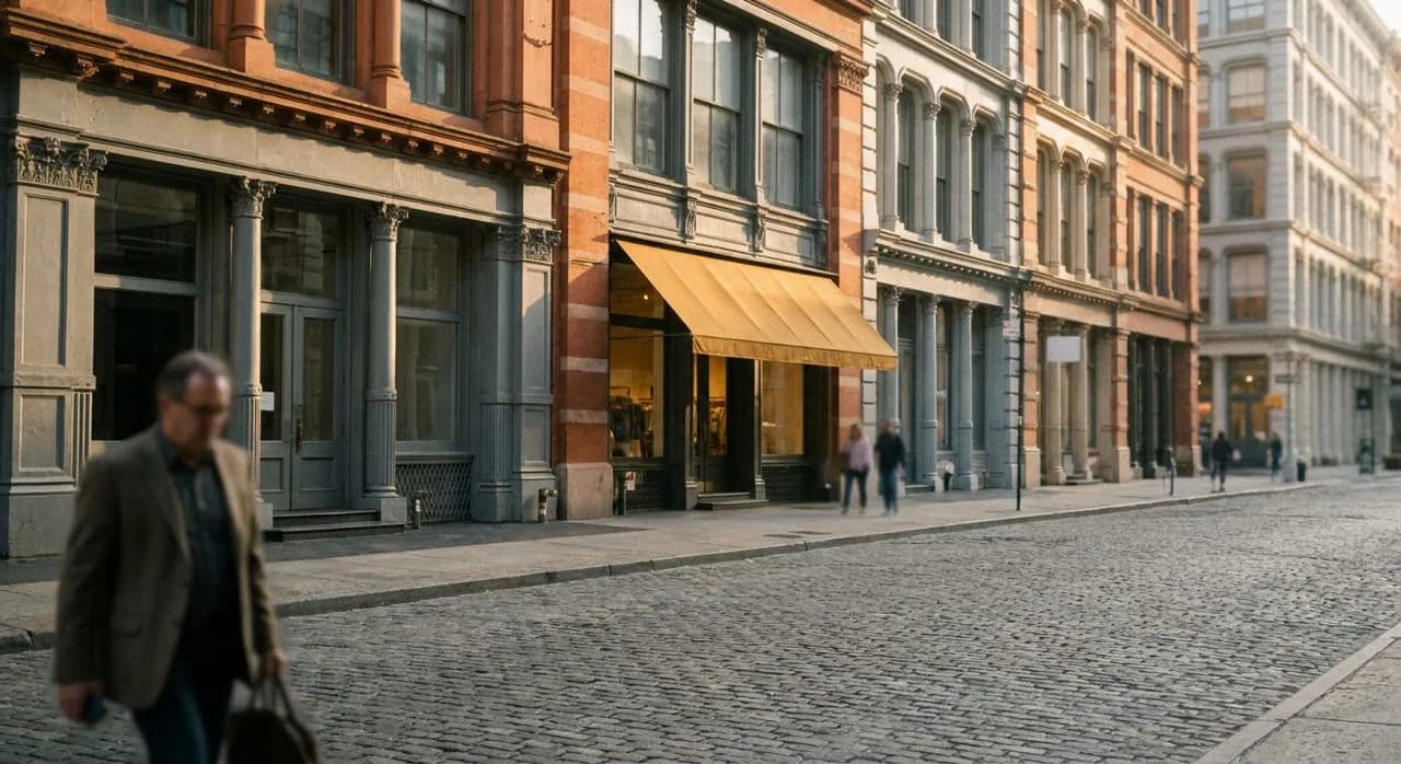SoHo cast-iron district on a warm afternoon — cobblestone street and ornate cast-iron facades