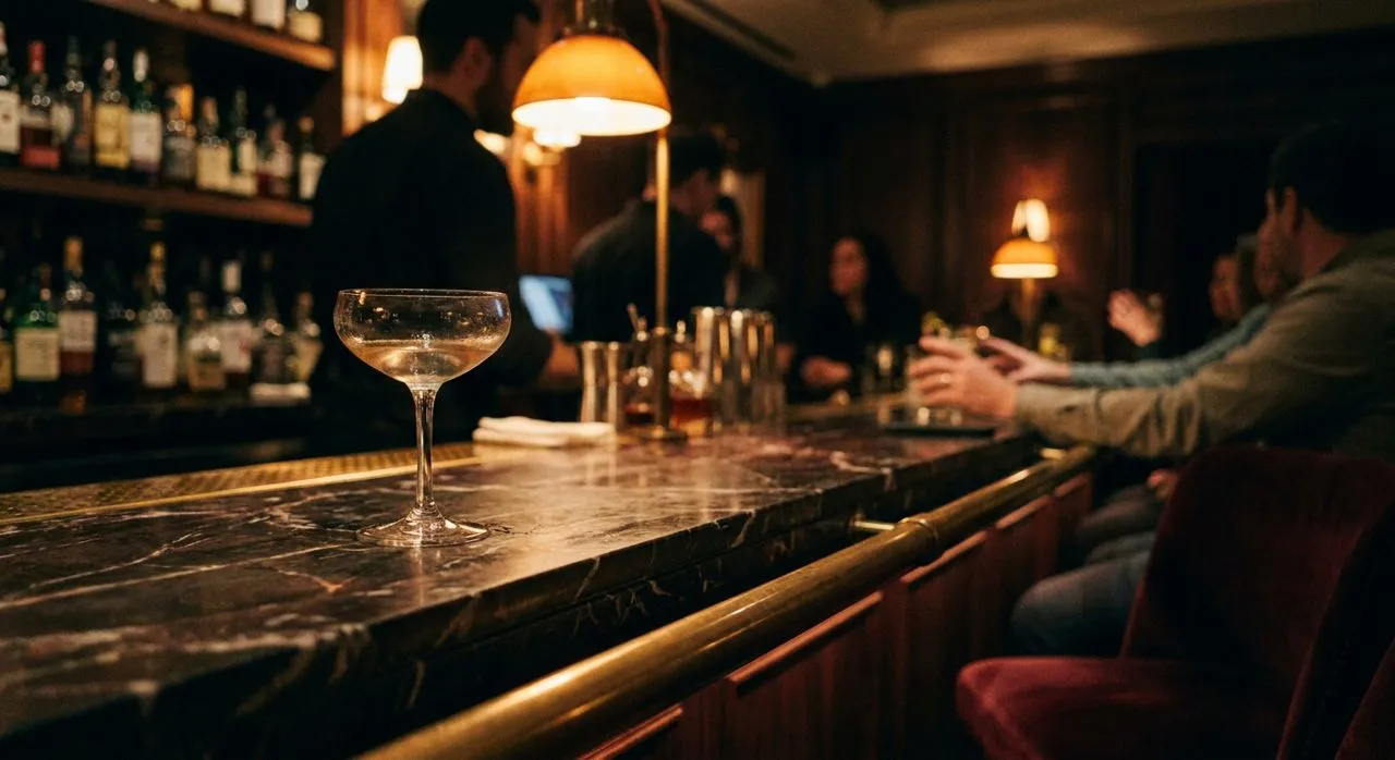 Dim intimate cocktail lounge interior — a coupe glass on a marble bar, burgundy velvet and brass in low light