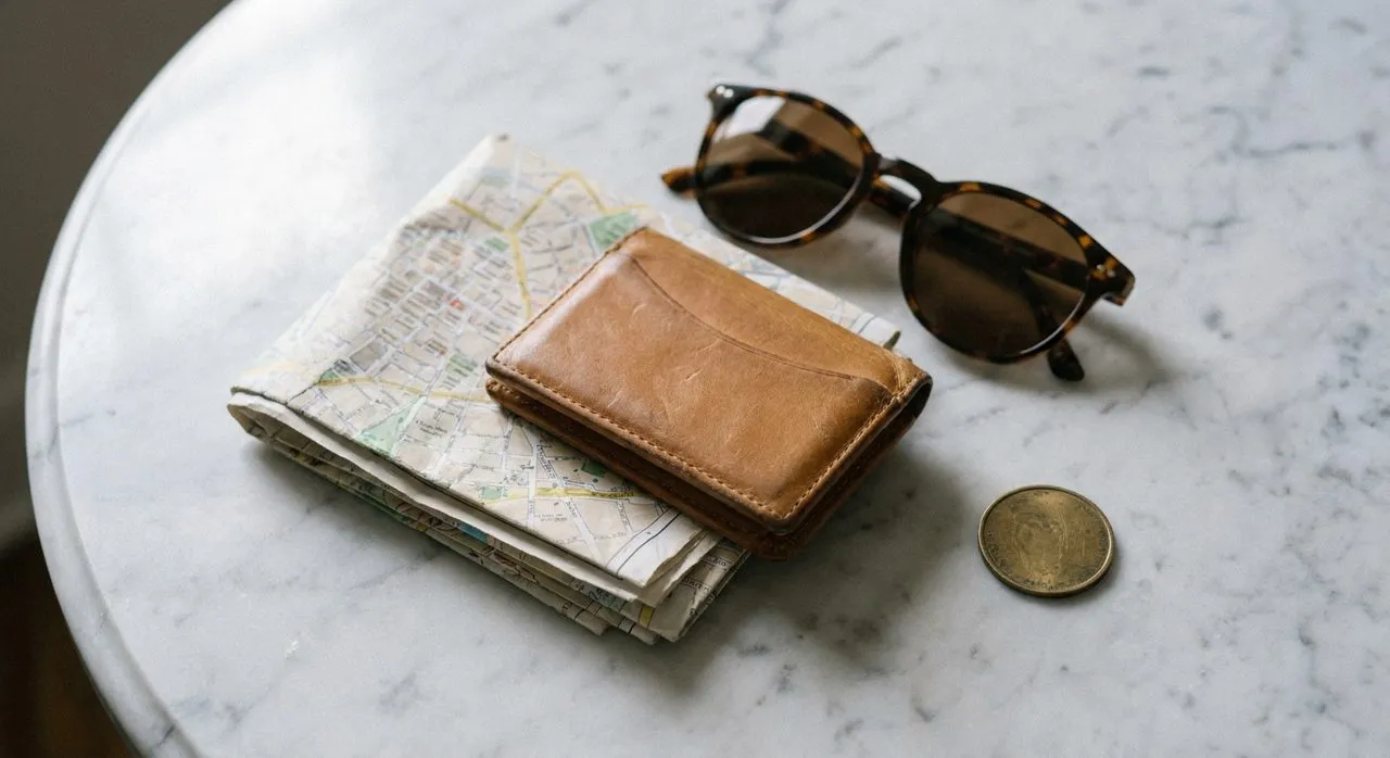 Top-down marble surface — a folded map, leather wallet, sunglasses and a brass token in soft daylight
