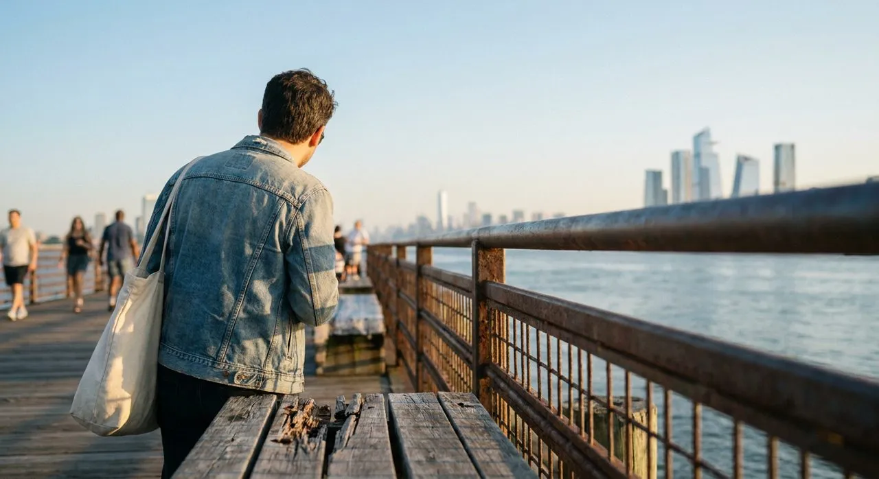Williamsburg waterfront on a summer morning — a New Yorker with a tote looking toward the Manhattan skyline