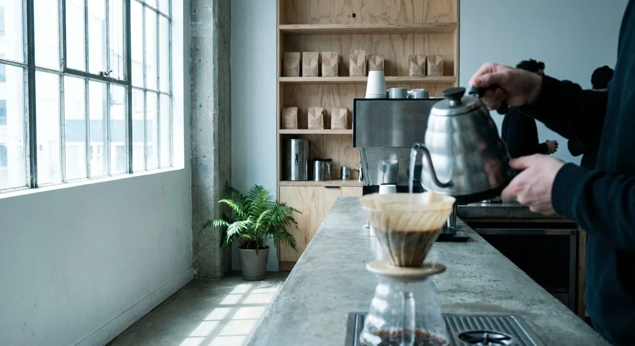 Third-wave coffee roaster interior — a pour-over on a concrete counter, bright window light and plywood shelving