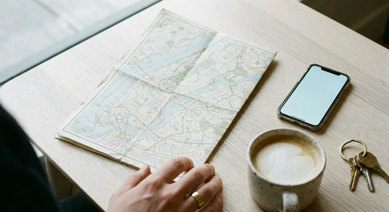 Top-down ash table — a folded paper map, blank-screen phone, flat white and brass keys in soft morning light