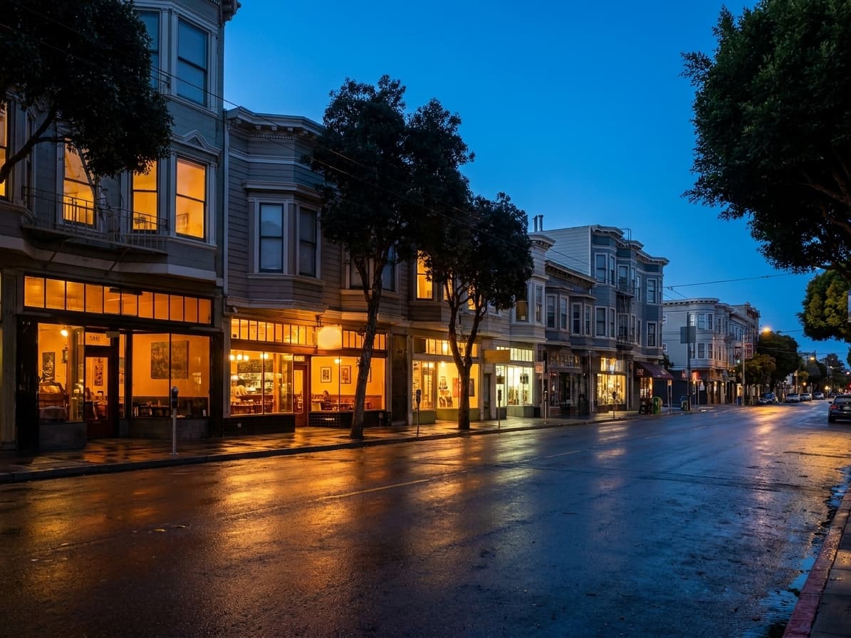 Hayes Valley storefronts at blue hour with warm light from ground-floor restaurant windows, San Francisco