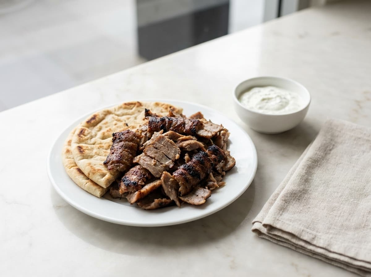 Carved lamb gyro with pita and thick yogurt sauce plated on a pale marble counter