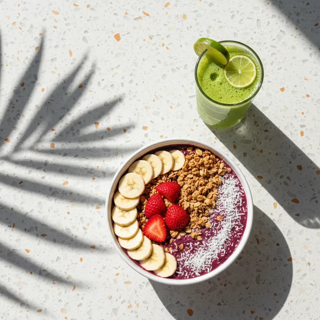 Acai bowl topped with banana, strawberries, granola and coconut next to a green juice in bright Miami morning light