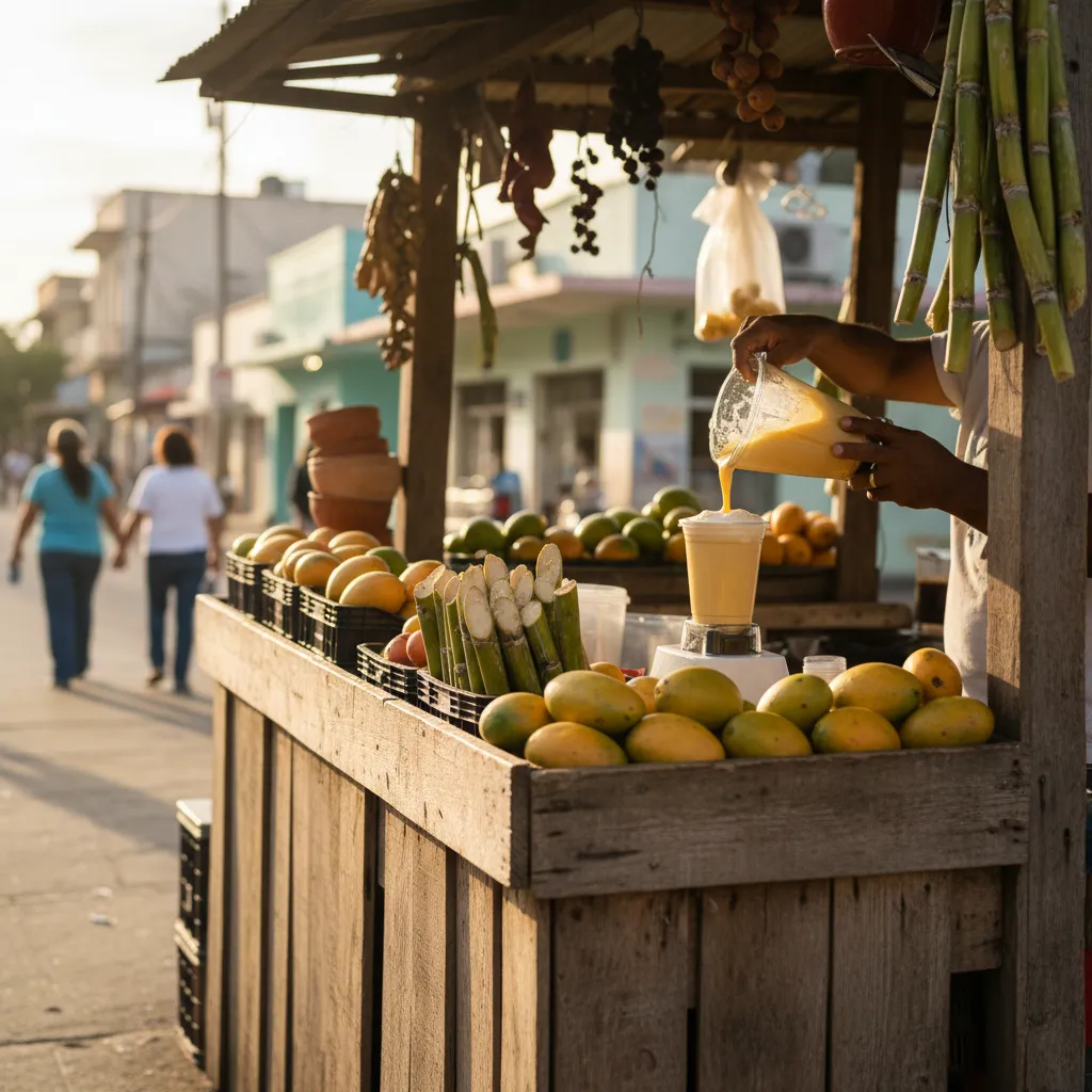 Open-air Cuban fruit stand with mango crates and sugar cane as a mango batido is poured in Little Havana