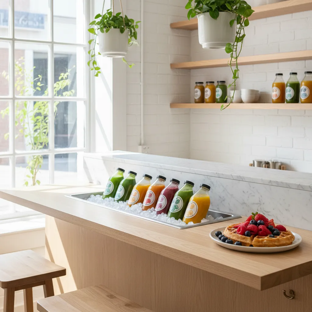 Cold-pressed green and orange juices in glass bottles on ice at a bright minimalist juice bar counter