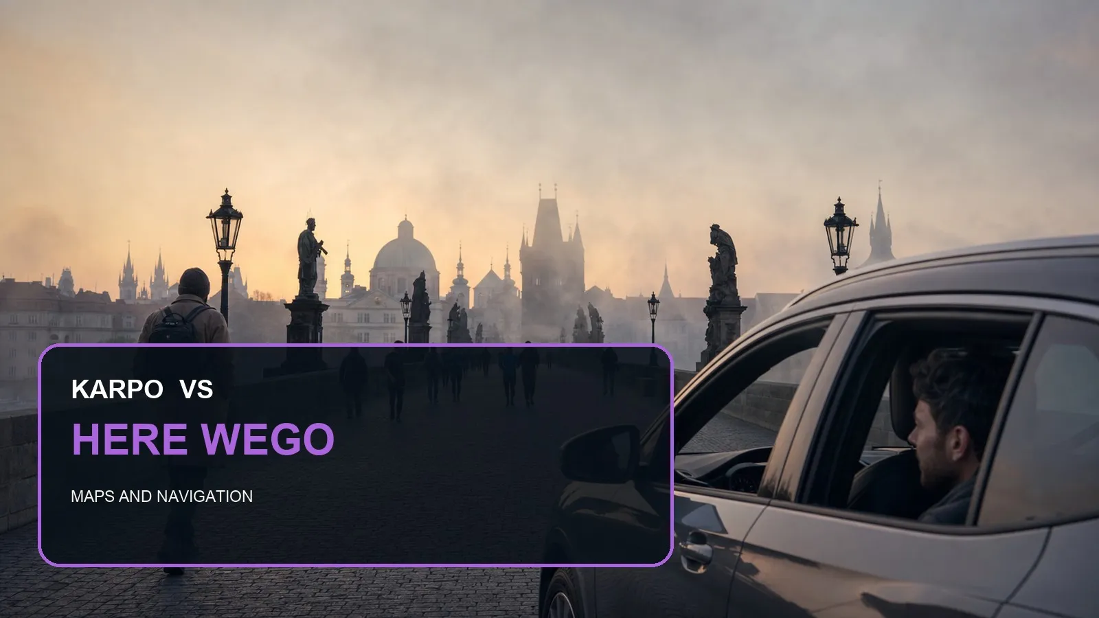 Karpo versus HERE WeGo in a photorealistic editorial city comparison.