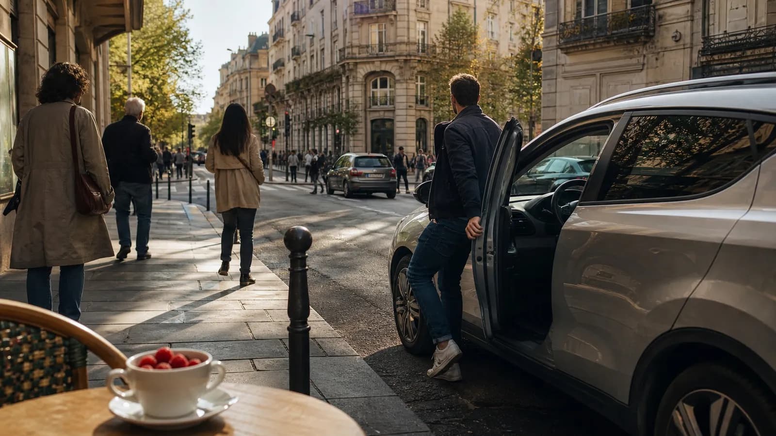 Photorealistic editorial comparison of Karpo and HERE WeGo in a real city decision.