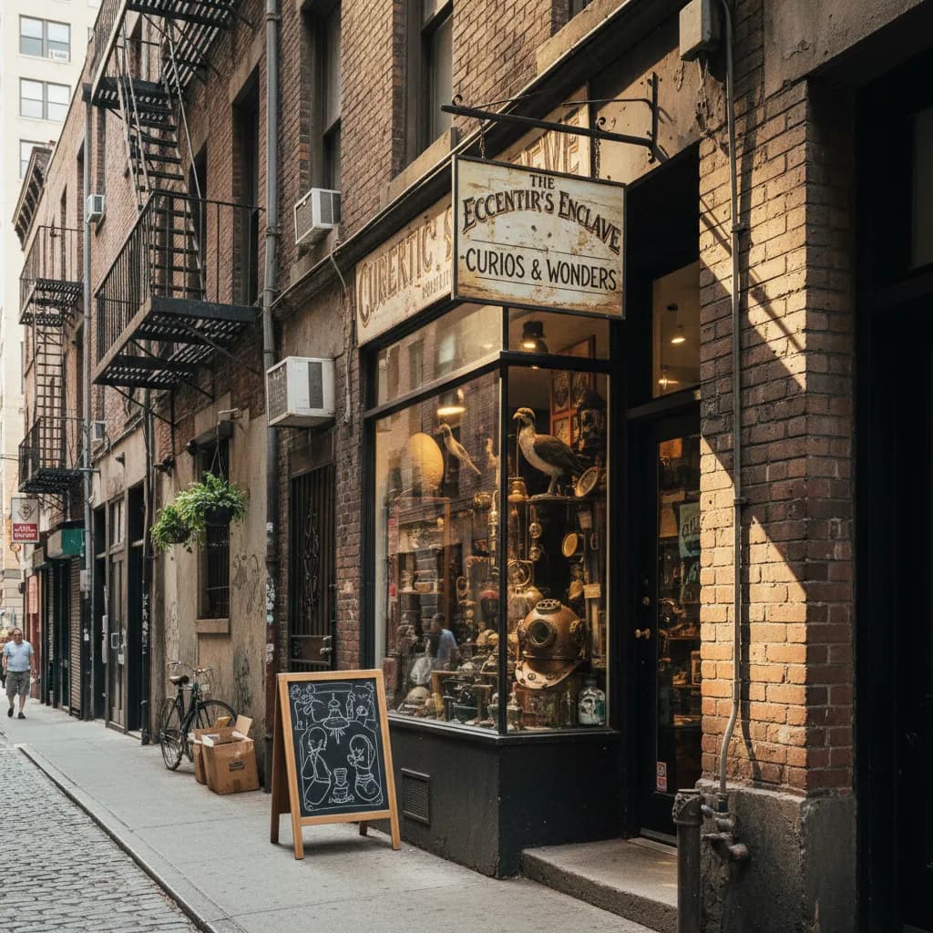 A tiny New York curiosity museum storefront on a narrow downtown alley.