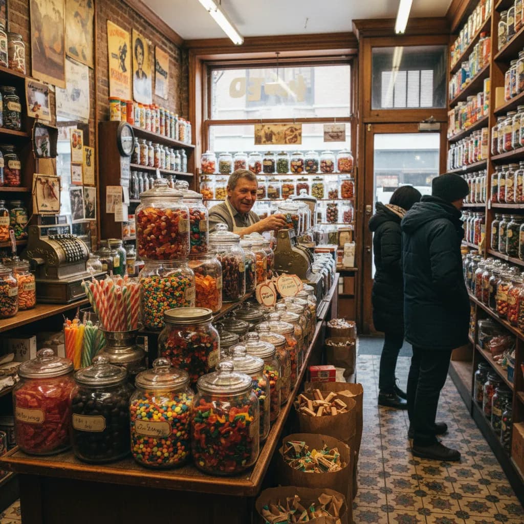 An old-school Lower East Side candy shop counter with colorful jars and narrow aisles.