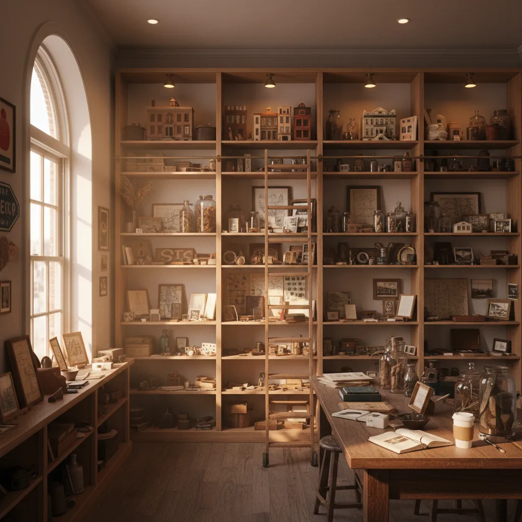 A small Williamsburg museum room with shelves of New York objects and warm light.