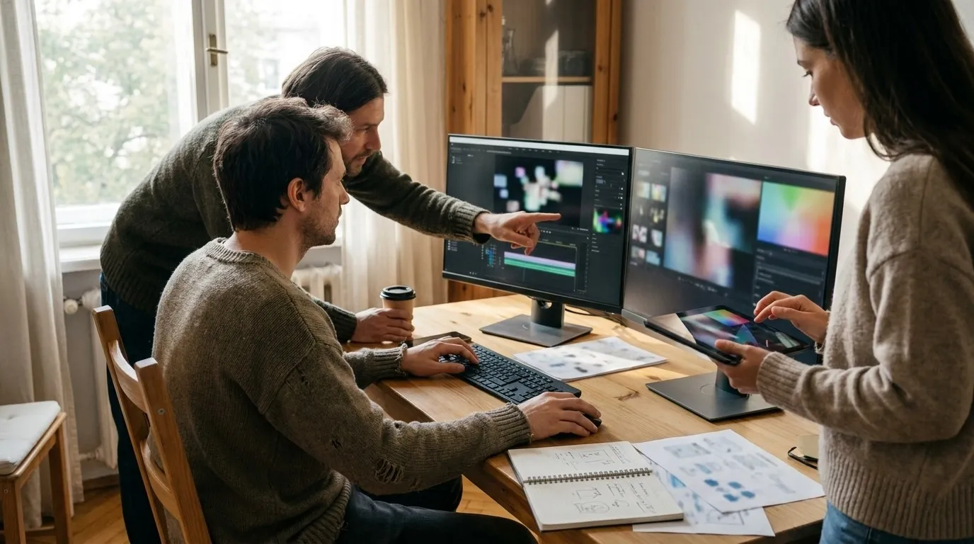 A photorealistic Higgsfield versus Karpo scenario illustrating higgsfield owns the creative suite moment