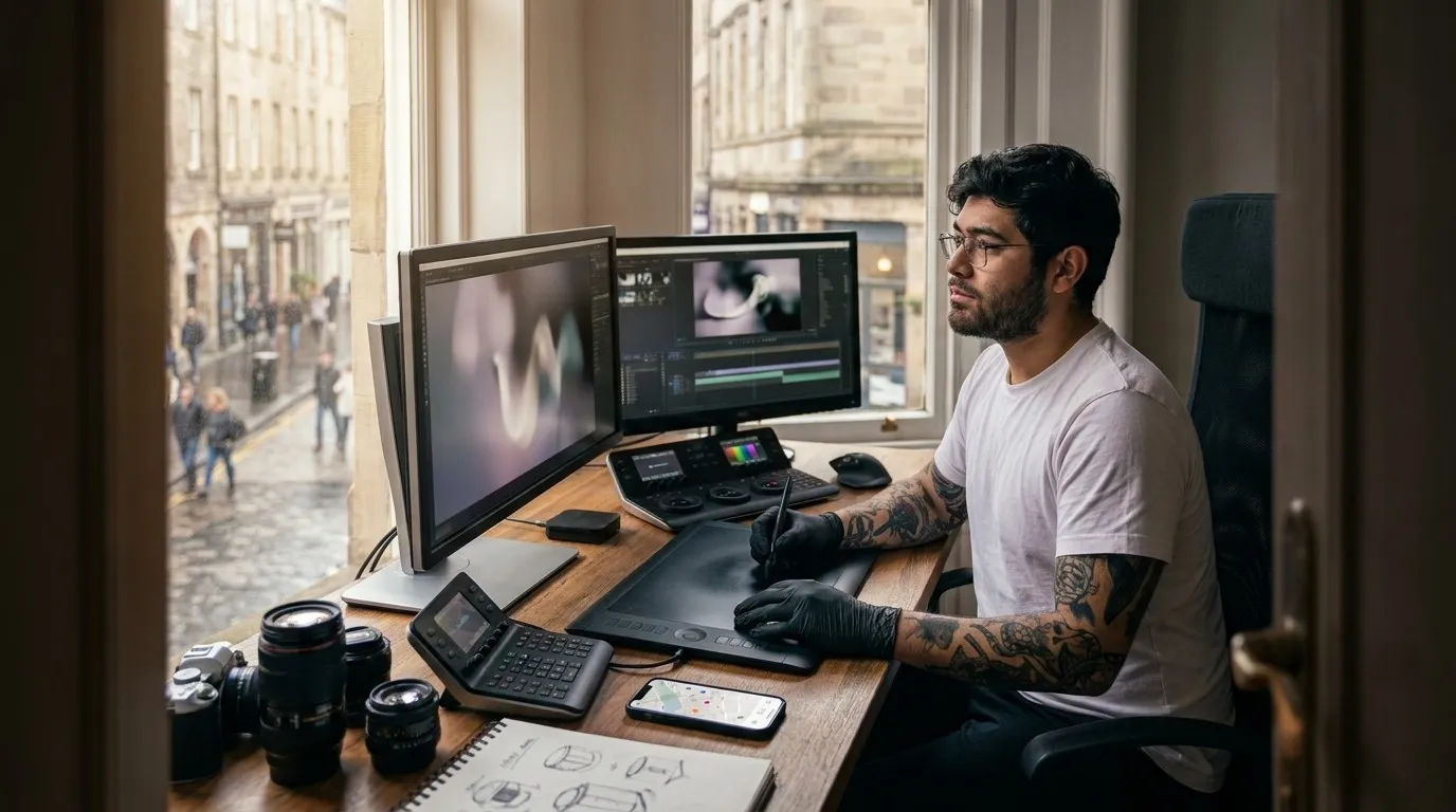 A photorealistic, text-free Karpo versus Higgsfield comparison scene
