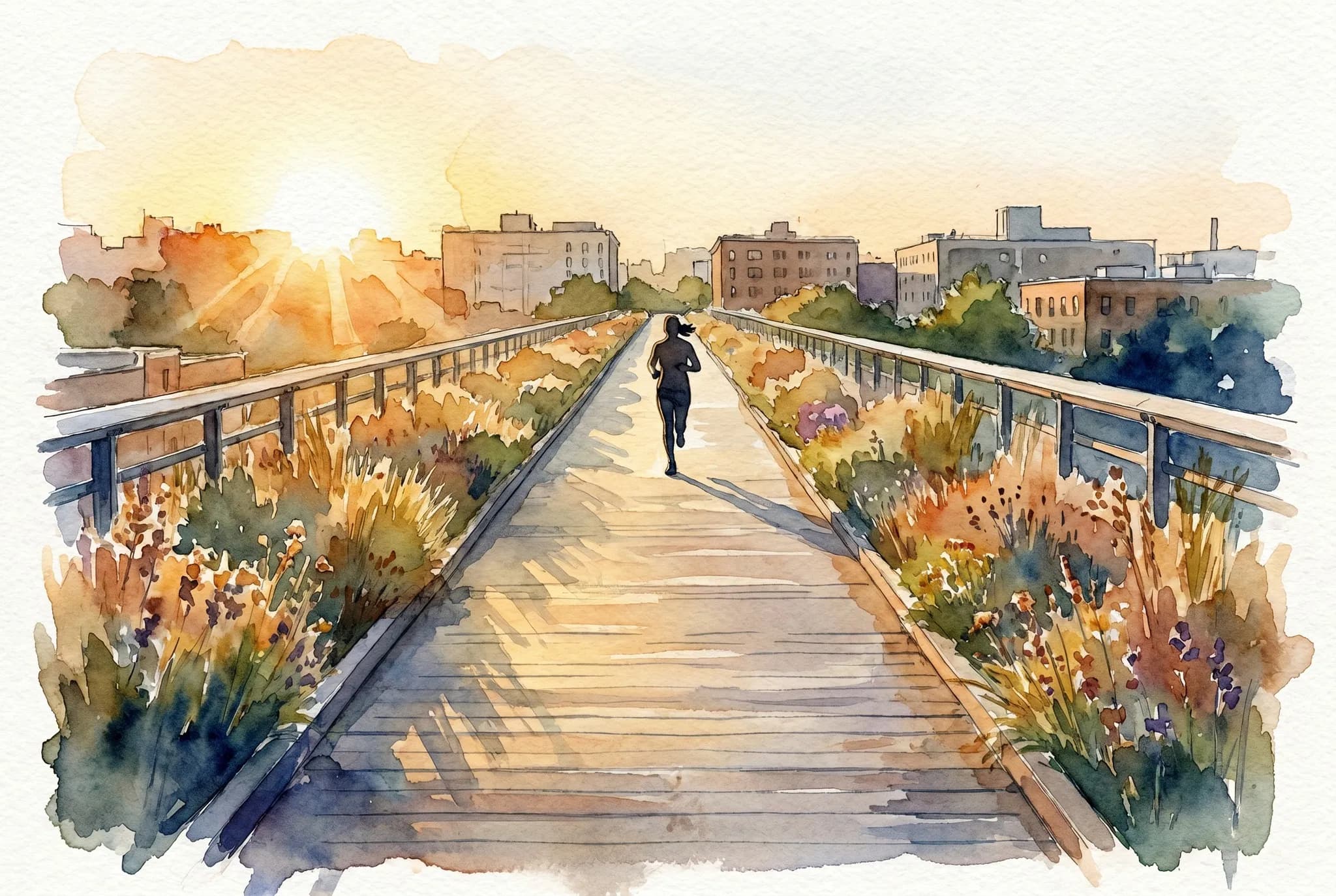 AI-generated watercolor: wide elevated view of the High Line walkway at sunrise looking south, steel-and-wood walkway lined with native grasses and wildflowers, warm golden first light raking from the left across the planted beds, low-rise Chelsea buildings on either side, one silhouetted runner mid-frame on the path, deep one-point perspective along the walkway