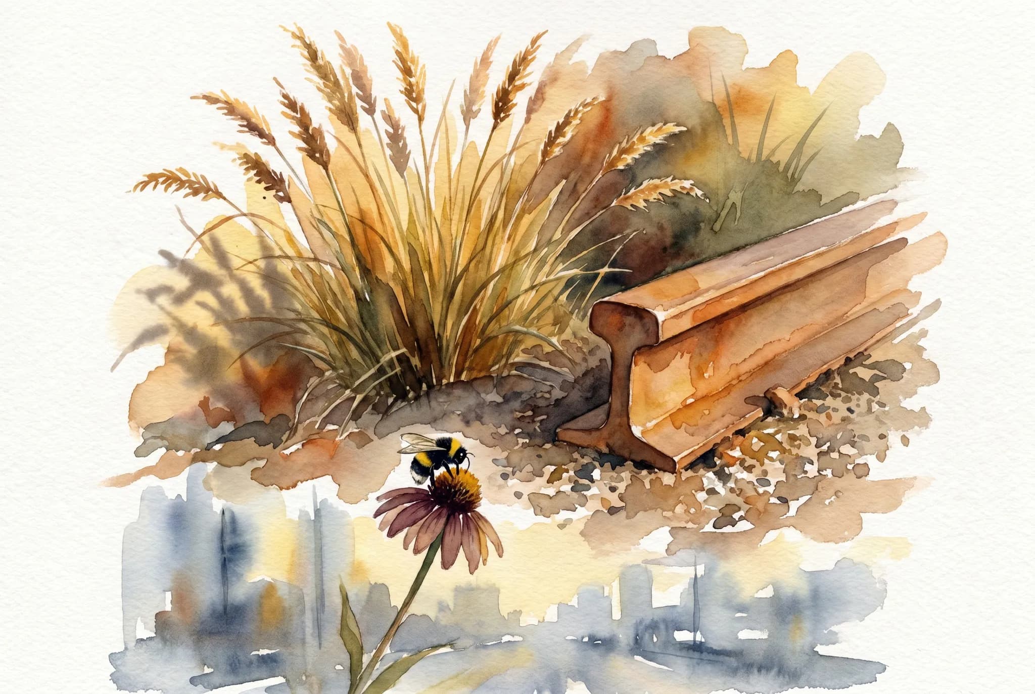 AI-generated watercolor: close-up of the High Line's planted bed at dawn, cluster of native prairie grasses with seed heads catching the first sun, a rusted steel railroad rail embedded in the gravel substrate, a bumblebee visible on a coneflower, soft long shadows, the city street far below visible as soft out-of-focus suggestion, low close-up with shallow depth