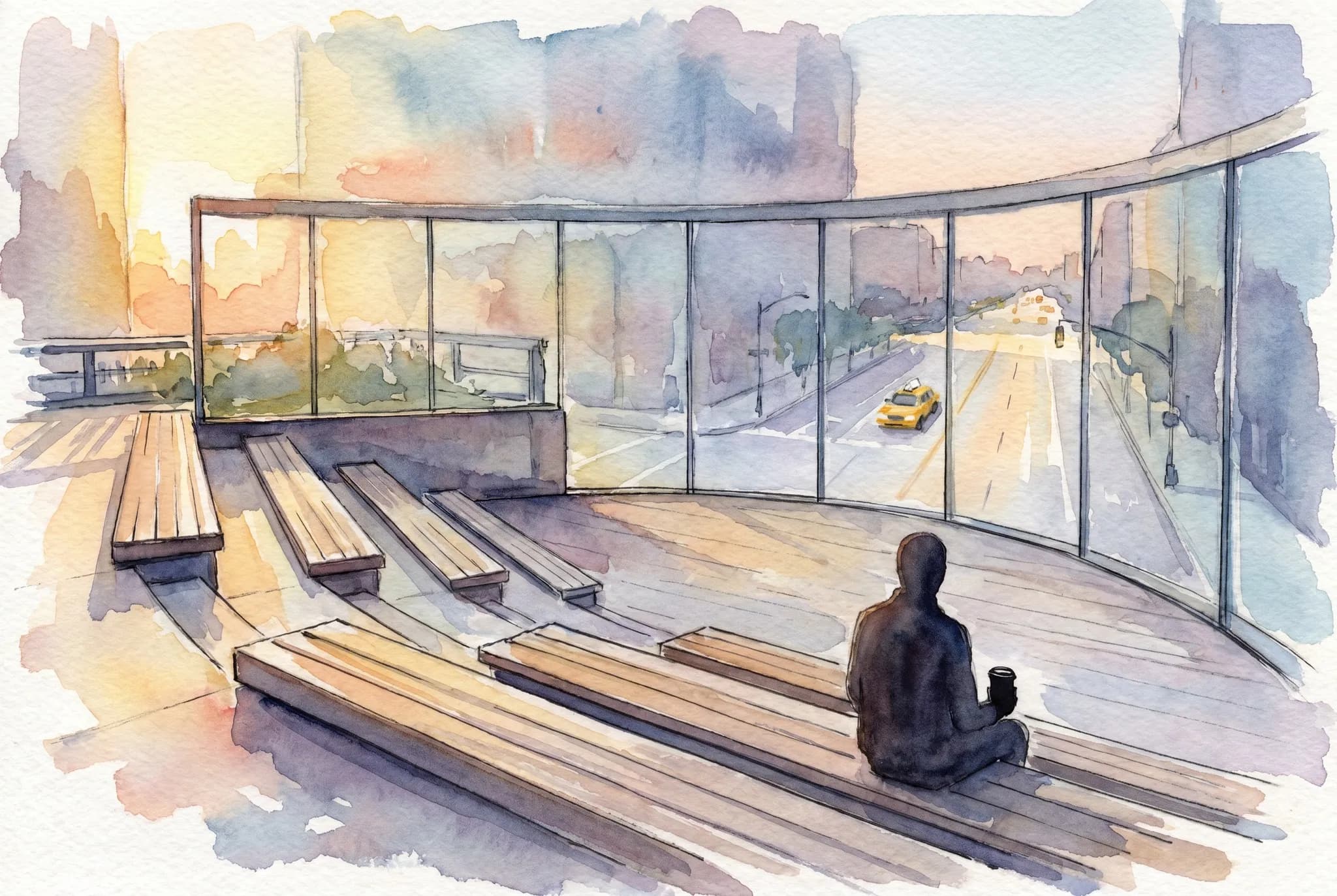 AI-generated watercolor: the 10th Avenue Overlook on the High Line, empty wooden benches stepped down into a glass-walled cutout looking south down 10th Avenue, the glass wall framing the view of the avenue below with one yellow cab passing through, dawn light from the left, one silhouetted figure sitting on the bottom bench with a coffee cup, three-quarter view from the upper bench