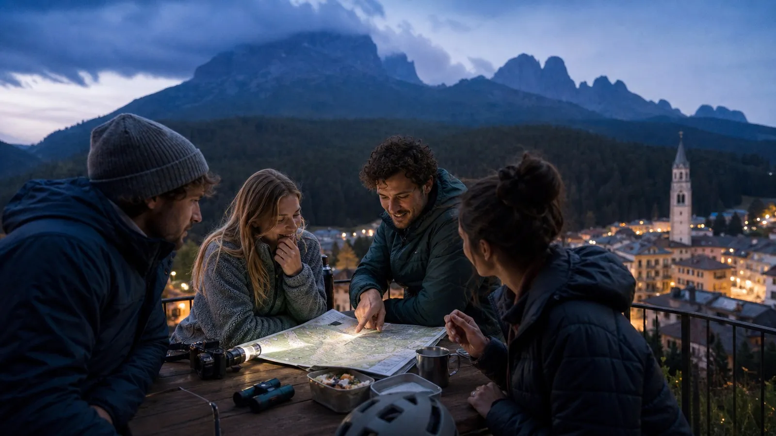 Photorealistic group decision scene showing when to use Karpo and when to use Hiking Project.