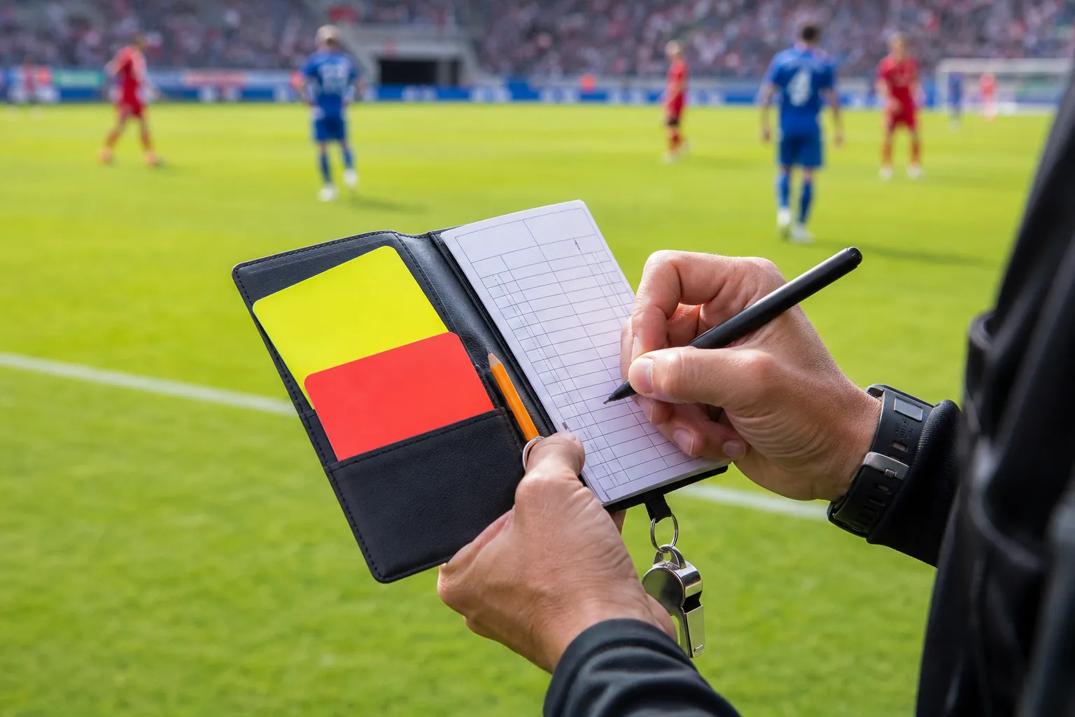 Bright football viewing scene with fans checking a controversial red-card replay