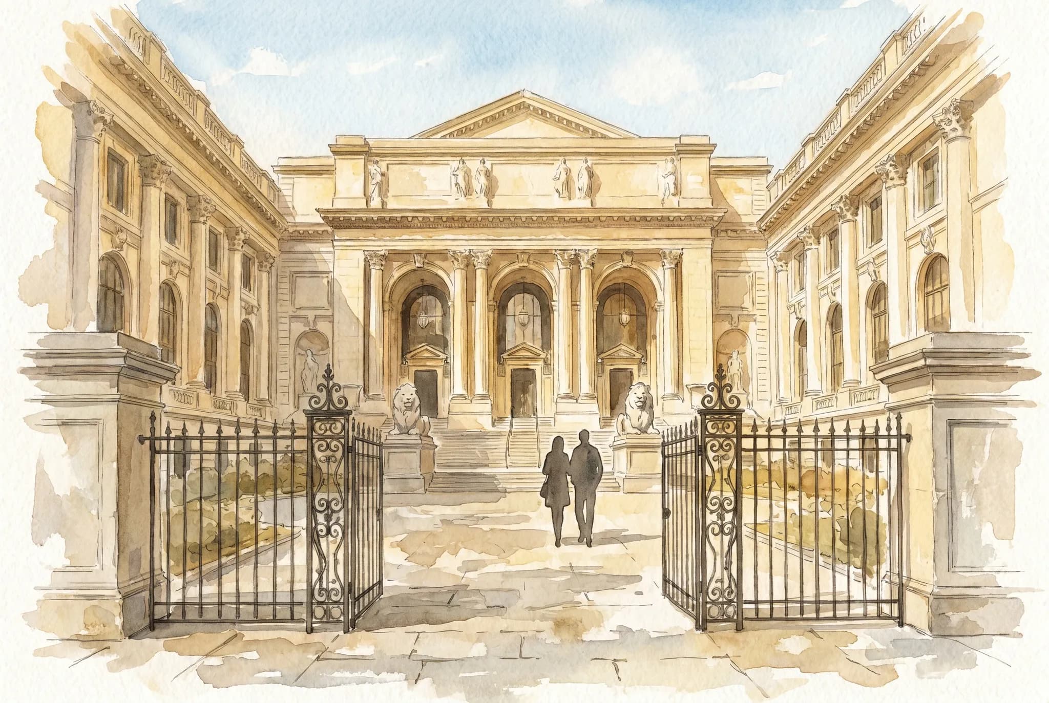 AI-generated watercolor: Beaux-Arts limestone courtyard of Audubon Terrace in Upper Manhattan, wrought iron gate in the foreground, limestone lions flanking the museum entrance, warm afternoon light on the classical facade, silhouetted visitors approaching
