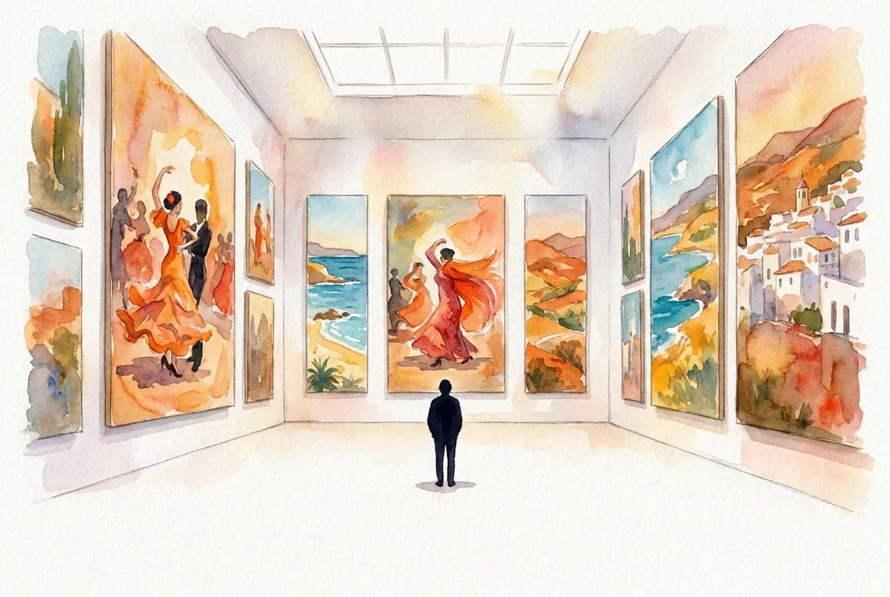 AI-generated watercolor: interior of a museum gallery where monumental paintings line the walls from floor to ceiling, a solitary silhouetted visitor standing small at the center, the canvases showing vivid Mediterranean scenes in warm ochre and cerulean blue