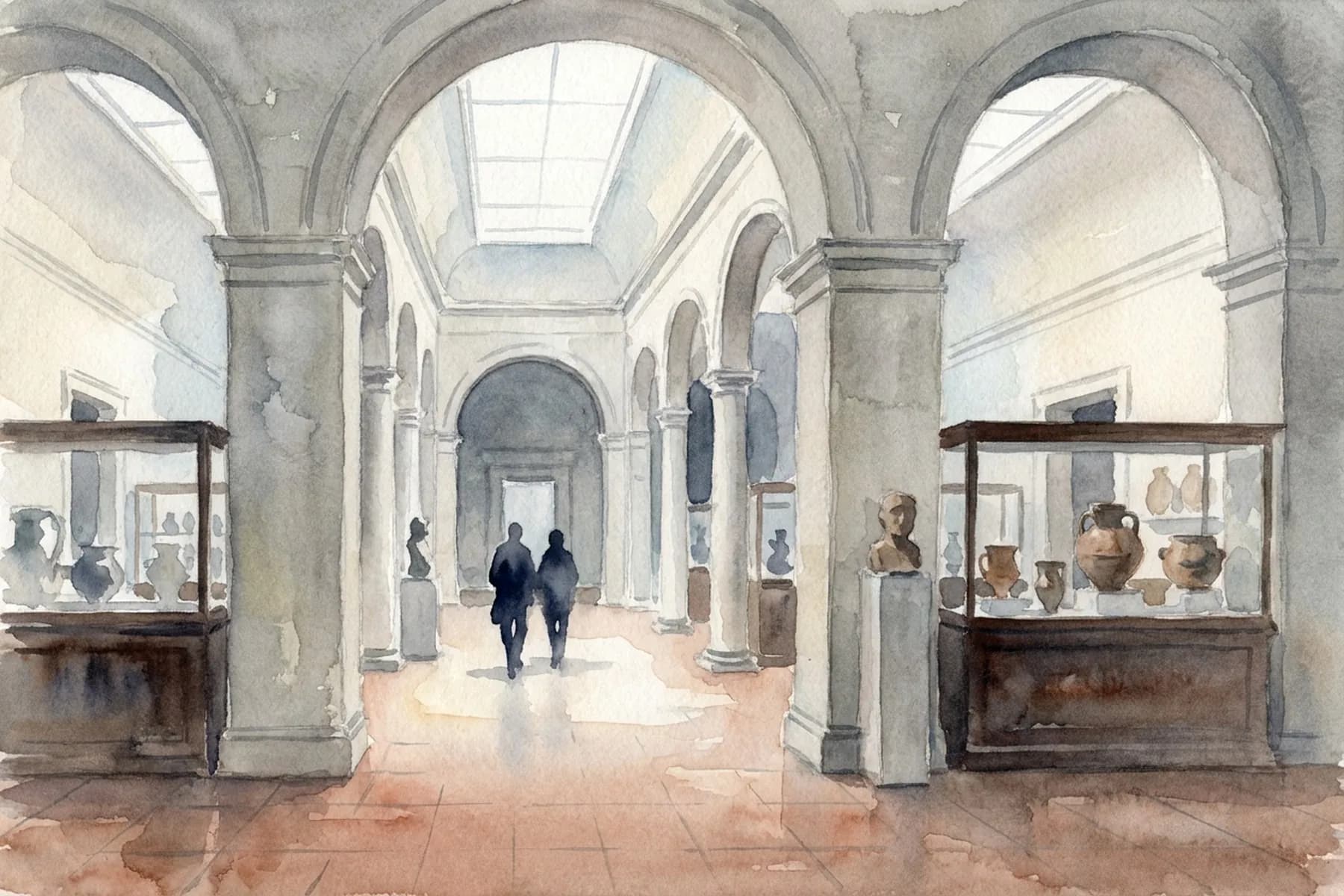 AI-generated watercolor: the long main hall of a Beaux-Arts museum interior, stone arches receding in perspective, terracotta tile floor, display cases along the walls with antiquities, two silhouetted visitors moving through, cool natural light from skylights above