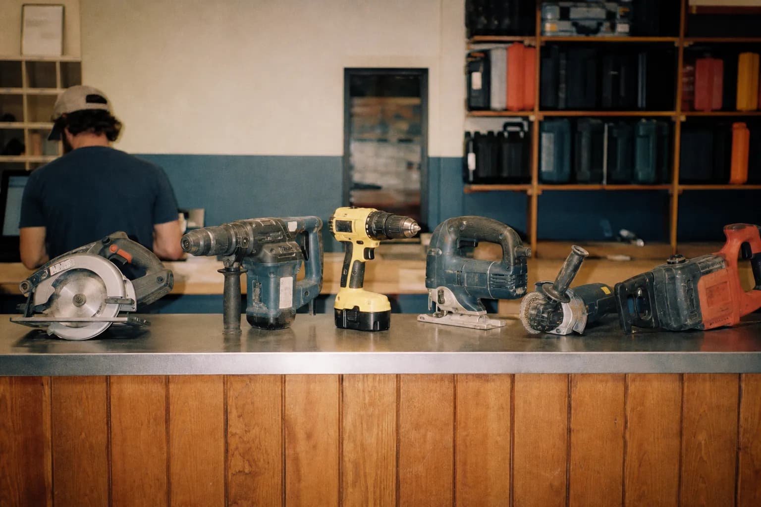 A row of power tools and equipment lined up on a rental counter