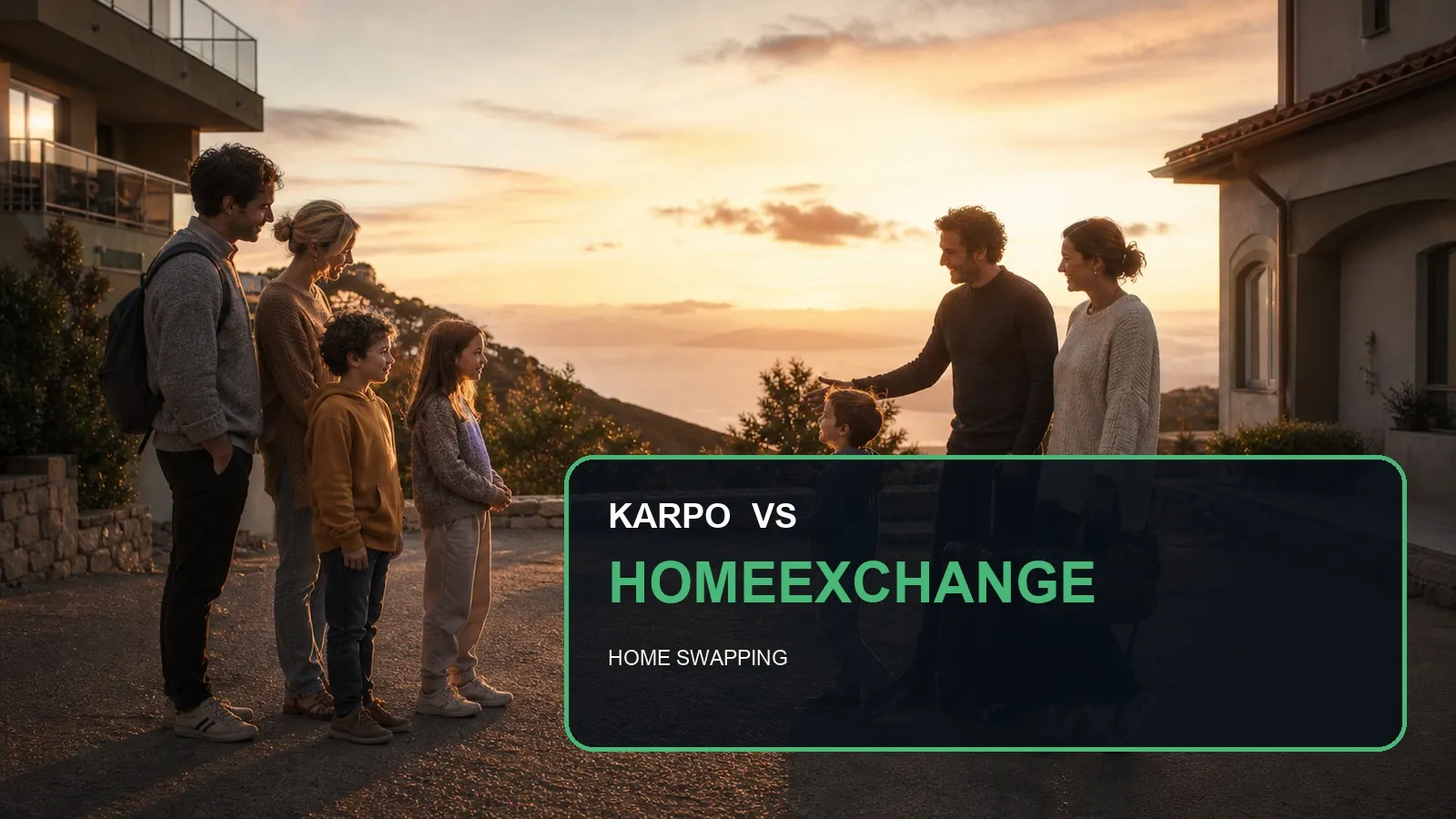 Karpo versus HomeExchange in a photorealistic editorial city comparison.