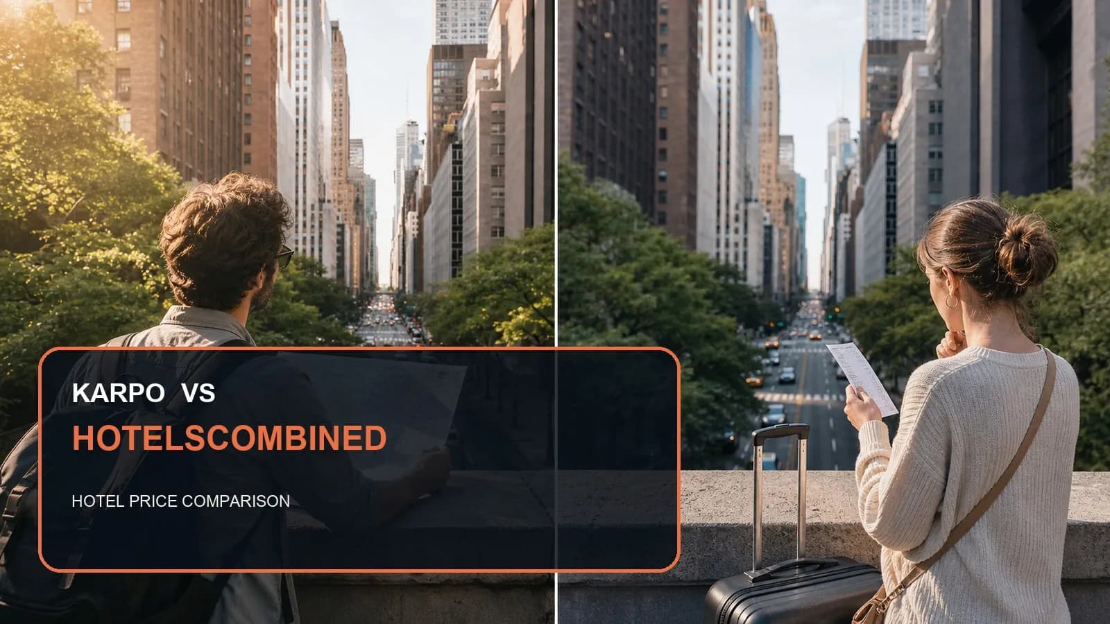 Karpo versus HotelsCombined in a photorealistic editorial city comparison.