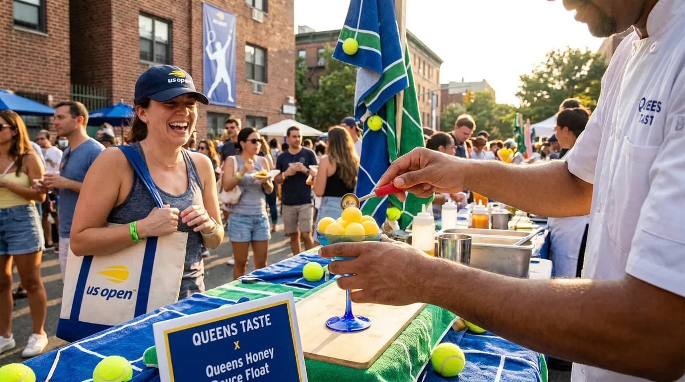 Photorealistic tennis scene illustrating How Tie-In Events Shape US Open Week.