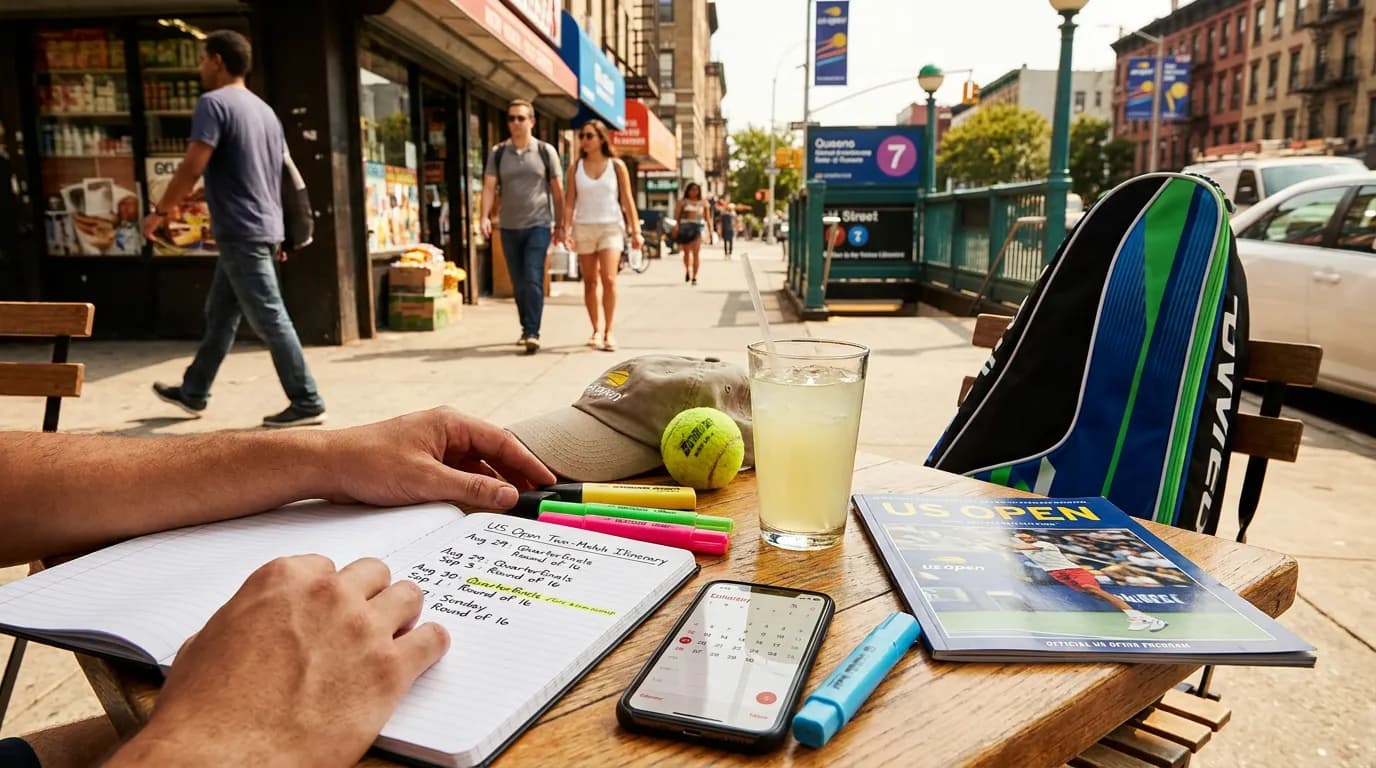 Photorealistic US Open tennis scene for How to Build a Two-Match US Open Itinerary.